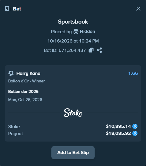 Bet slip: Ballon dor 2026, $10,895.14 stake at 1.66 odds, placed by Hidden