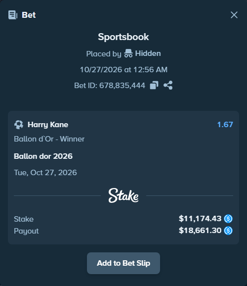 Bet slip: Ballon dor 2026, $11,174.43 stake at 1.67 odds, placed by Hidden