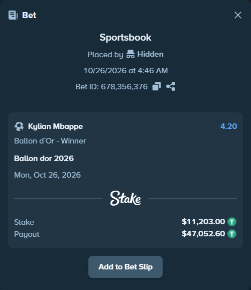 Bet slip: Ballon dor 2026, $11,214.20 stake at 4.20 odds, placed by Hidden