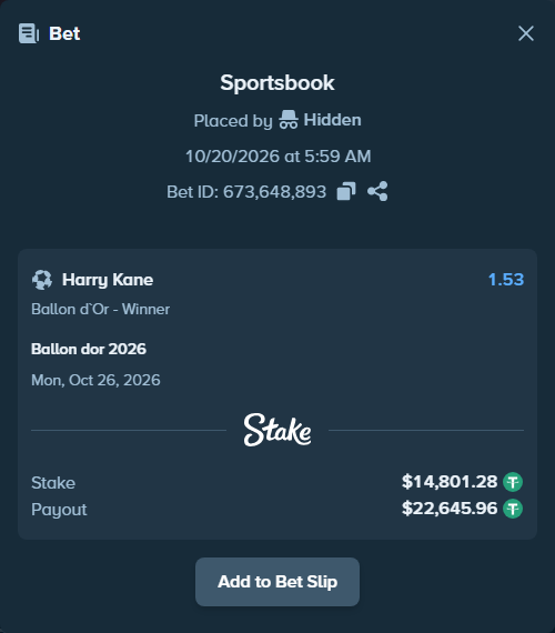 Bet slip: Ballon dor 2026, $14,816.09 stake at 1.53 odds, placed by Taour1030