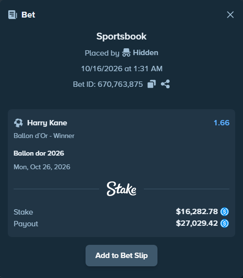 Bet slip: Ballon dor 2026, $16,282.78 stake at 1.66 odds, placed by Hidden