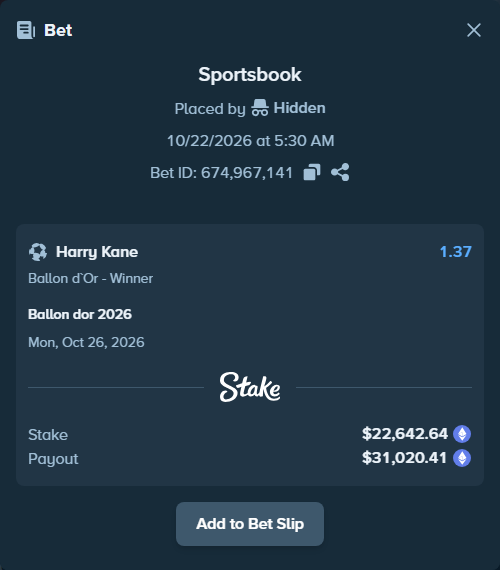 Bet slip: Ballon dor 2026, $22,394.84 stake at 1.37 odds, placed by Hidden