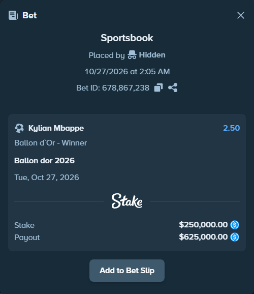 Bet slip: Ballon dor 2026, $250,000.00 stake at 2.50 odds, placed by dabgang