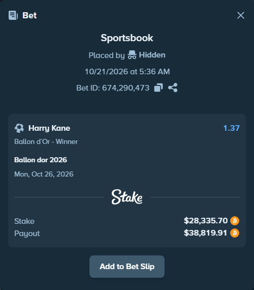 Bet slip: Ballon dor 2026, $28,344.56 stake at 1.37 odds, placed by Hidden