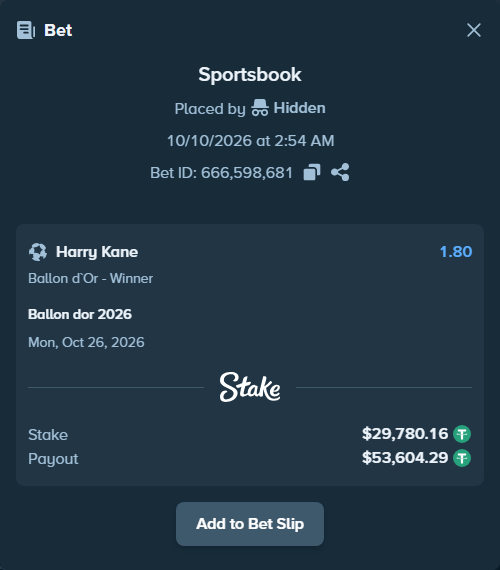 Bet slip: Ballon dor 2026, $29,809.94 stake at 1.80 odds, placed by Hidden