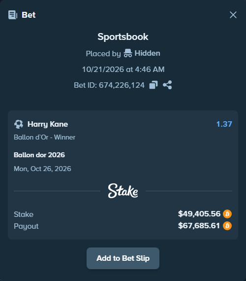 Bet slip: Ballon dor 2026, $49,258.03 stake at 1.37 odds, placed by Taour1030