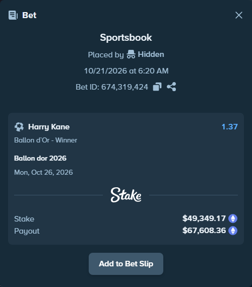 Bet slip: Ballon dor 2026, $49,428.27 stake at 1.37 odds, placed by Hidden