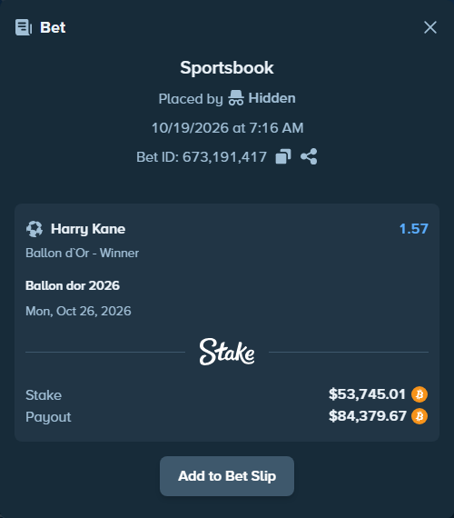 Bet slip: Ballon dor 2026, $53,746.52 stake at 1.57 odds, placed by Hidden