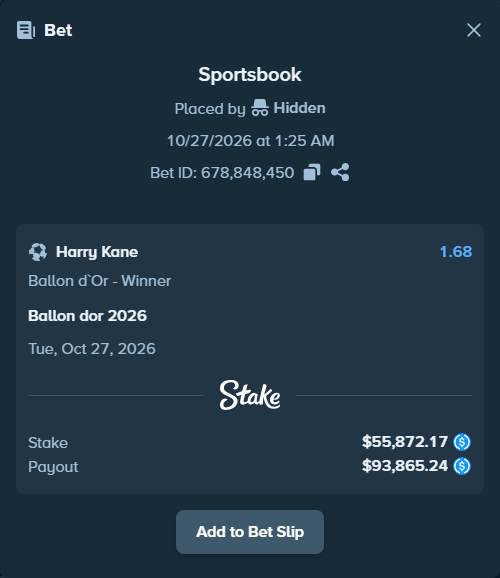 Bet slip: Ballon dor 2026, $55,872.17 stake at 1.68 odds, placed by Hidden