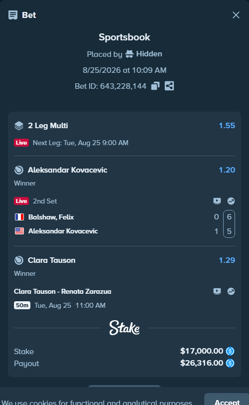 Bet slip: Balshaw, Felix - Aleksandar Kovacevic, $17,000.00 stake at 1.20 odds, placed by Hidden