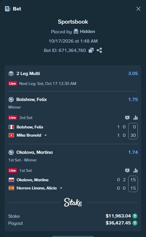 Bet slip: Balshaw, Felix - Mika Brunold, $11,975.00 stake at 1.75 odds, placed by Hidden
