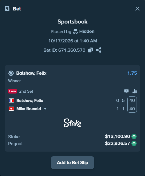 Bet slip: Balshaw, Felix - Mika Brunold, $13,114.00 stake at 1.75 odds, placed by Hidden
