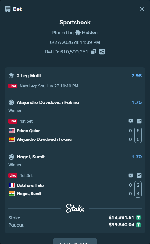 Bet slip: Balshaw, Felix - Nagal, Sumit, $13,405.00 stake at 1.70 odds, placed by Hidden