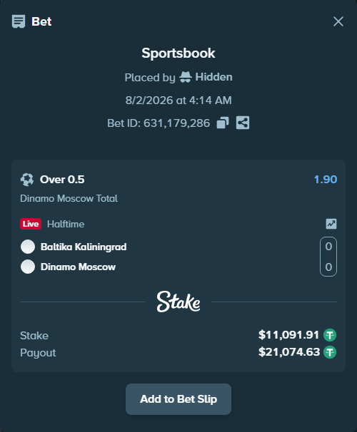 Bet slip: Baltika Kaliningrad - Dinamo Moscow, $11,103.00 stake at 1.90 odds, placed by Hidden