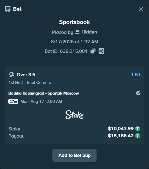 Bet slip: Baltika Kaliningrad - Spartak Moscow, $10,054.03 stake at 1.51 odds, placed by Hidden