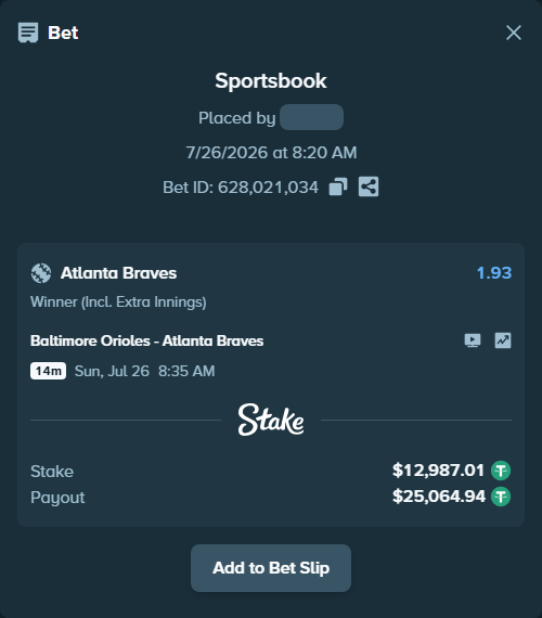 Bet slip: Baltimore Orioles - Atlanta Braves, $13,000.00 stake at 1.93 odds, placed by VadimKotlyar