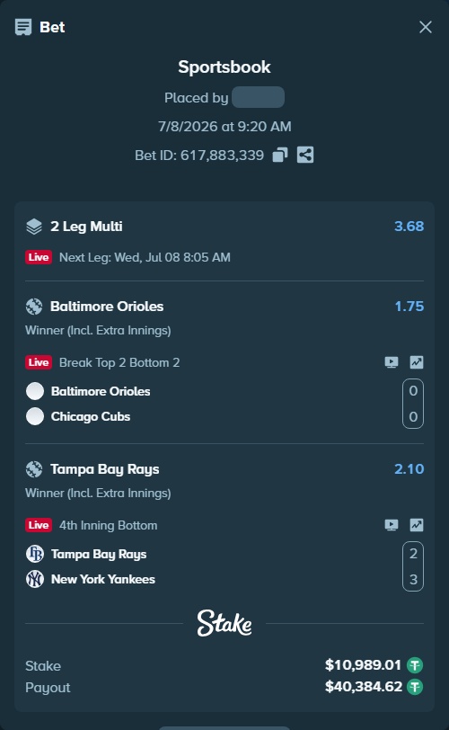 Bet slip: Baltimore Orioles - Chicago Cubs, $11,000.00 stake at 1.75 odds, placed by VadimKotlyar
