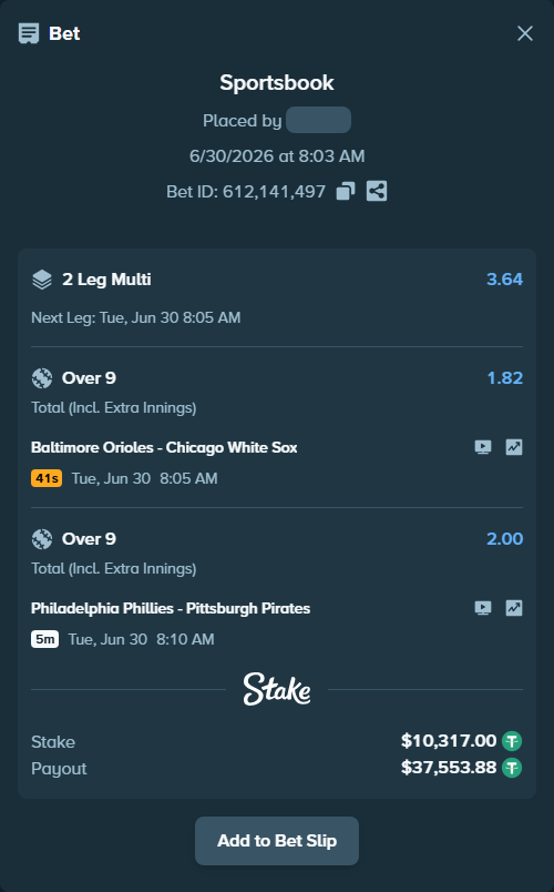 Bet slip: Baltimore Orioles - Chicago White Sox, $10,327.32 stake at 1.82 odds, placed by zhanjinkun