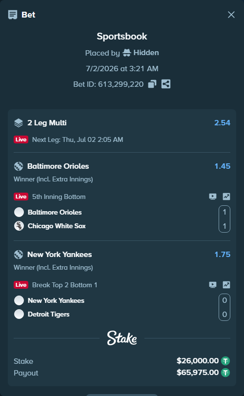 Bet slip: Baltimore Orioles - Chicago White Sox, $26,026.00 stake at 1.45 odds, placed by Hidden