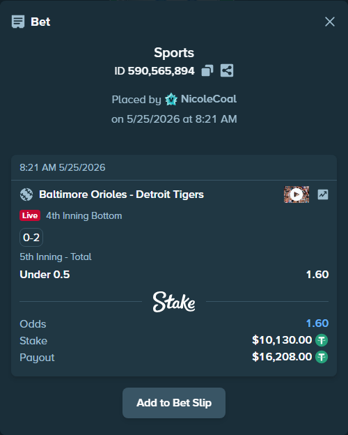 Bet slip: Baltimore Orioles - Detroit Tigers, $10,130.00 stake at 1.60 odds, placed by NicoleCoal
