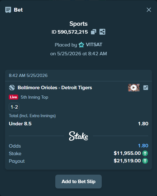 Bet slip: Baltimore Orioles - Detroit Tigers, $11,955.00 stake at 1.80 odds, placed by VITSAT