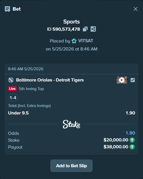 Bet slip: Baltimore Orioles - Detroit Tigers, $20,000.00 stake at 1.90 odds, placed by VITSAT