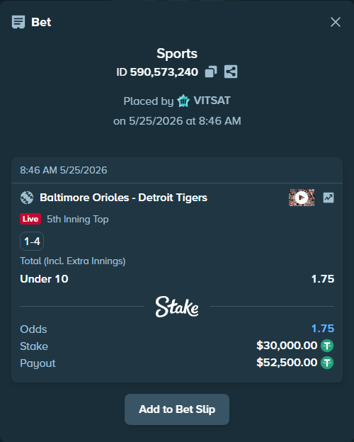Bet slip: Baltimore Orioles - Detroit Tigers, $30,000.00 stake at 1.75 odds, placed by VITSAT