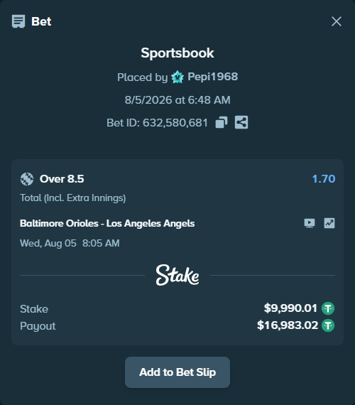 Bet slip: Baltimore Orioles - Los Angeles Angels, $10,000.00 stake at 1.70 odds, placed by Pepi1968