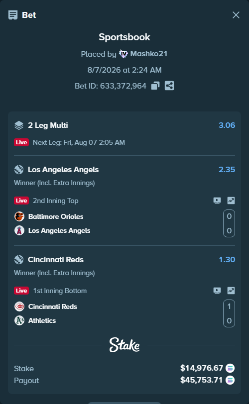 Bet slip: Baltimore Orioles - Los Angeles Angels, $14,839.02 stake at 2.35 odds, placed by Mashko21