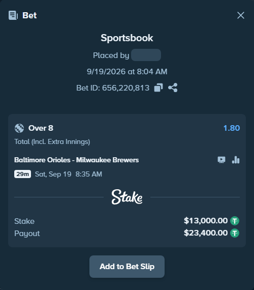 Bet slip: Baltimore Orioles - Milwaukee Brewers, $13,000.00 stake at 1.80 odds, placed by Pepi1968