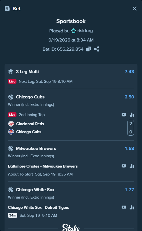 Bet slip: Baltimore Orioles - Milwaukee Brewers, $14,770.40 stake at 1.68 odds, placed by riskfury