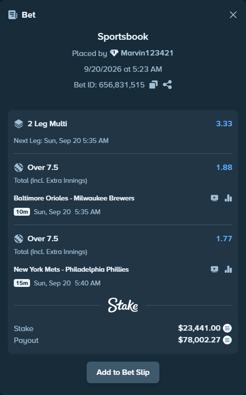 Bet slip: Baltimore Orioles - Milwaukee Brewers, $22,812.26 stake at 1.88 odds, placed by Marvin123421