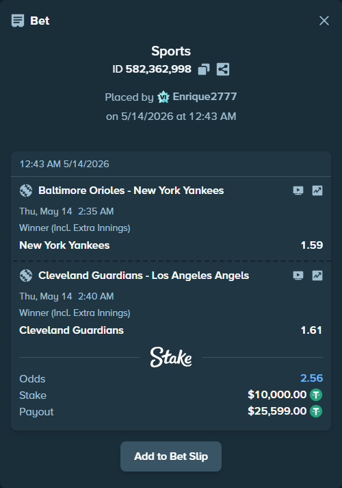 Bet slip: Baltimore Orioles - New York Yankees, $10,000.00 stake at 1.59 odds, placed by Enrique2777
