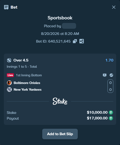 Bet slip: Baltimore Orioles - New York Yankees, $10,000.00 stake at 1.70 odds, placed by Pepi1968
