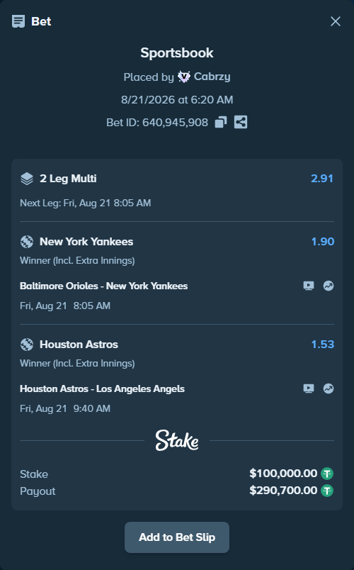 Bet slip: Baltimore Orioles - New York Yankees, $100,000.00 stake at 1.90 odds, placed by Cabrzy