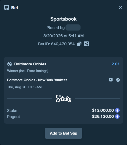Bet slip: Baltimore Orioles - New York Yankees, $13,867.74 stake at 2.01 odds, placed by myprecious1