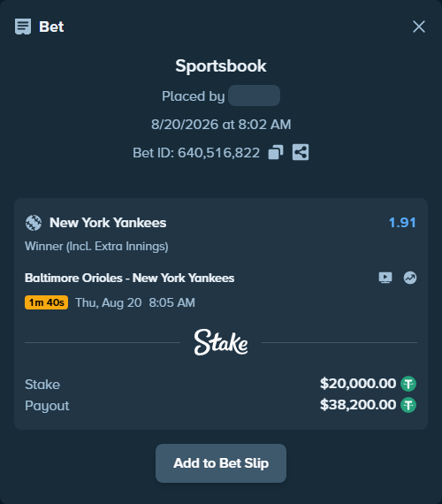 Bet slip: Baltimore Orioles - New York Yankees, $20,000.00 stake at 1.91 odds, placed by Othmane2kiks
