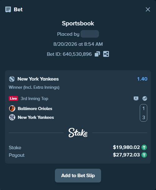 Bet slip: Baltimore Orioles - New York Yankees, $20,000.00 stake at 1.40 odds, placed by dvento