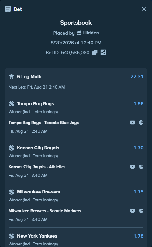 Bet slip: Baltimore Orioles - New York Yankees, $30,500.00 stake at 1.78 odds, placed by Hidden