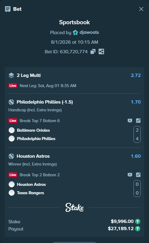 Bet slip: Baltimore Orioles - Philadelphia Phillies, $10,006.00 stake at 1.70 odds, placed by djawoals