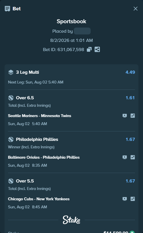 Bet slip: Baltimore Orioles - Philadelphia Phillies, $11,511.50 stake at 1.67 odds, placed by djawoals