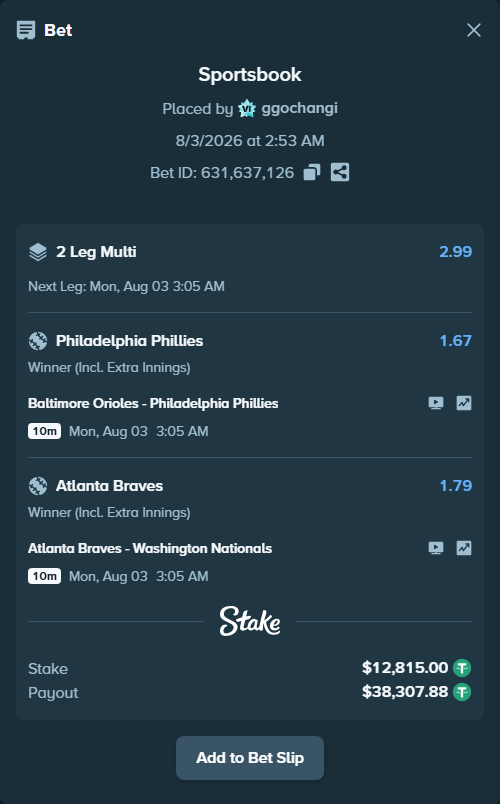 Bet slip: Baltimore Orioles - Philadelphia Phillies, $12,827.81 stake at 1.67 odds, placed by ggochangi