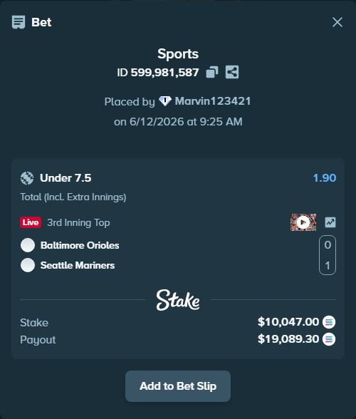 Bet slip: Baltimore Orioles - Seattle Mariners, $11,011.63 stake at 1.90 odds, placed by Marvin123421