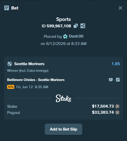 Bet slip: Baltimore Orioles - Seattle Mariners, $17,626.21 stake at 1.85 odds, placed by Dash30