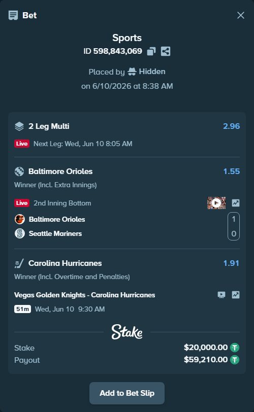 Bet slip: Baltimore Orioles - Seattle Mariners, $20,020.00 stake at 1.55 odds, placed by Hidden