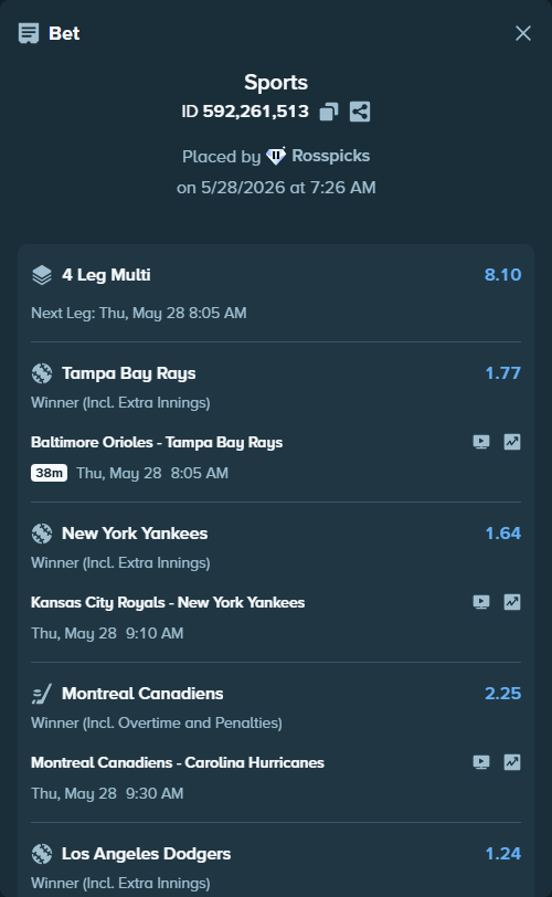 Bet slip: Baltimore Orioles - Tampa Bay Rays, $10,041.47 stake at 1.77 odds, placed by Rosspicks