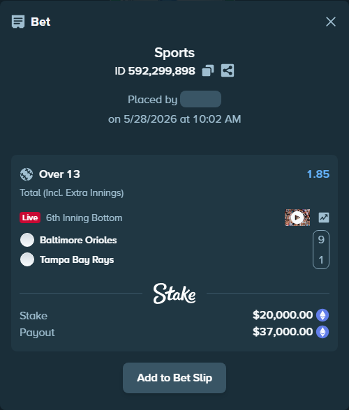 Bet slip: Baltimore Orioles - Tampa Bay Rays, $17,145.49 stake at 1.85 odds, placed by azosuka