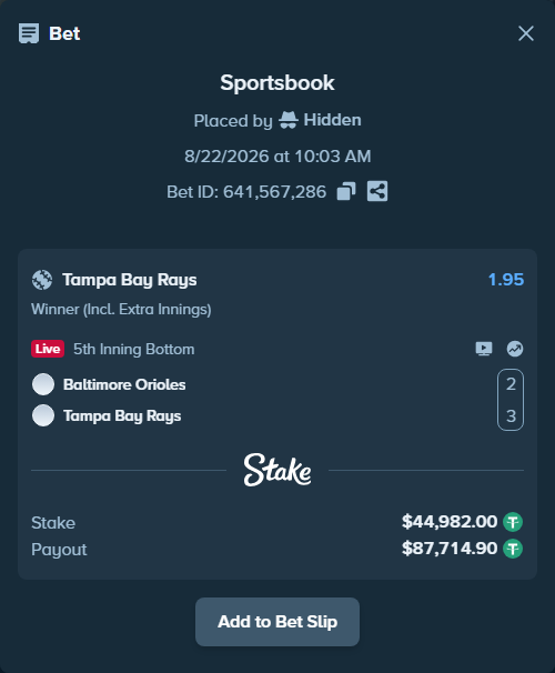 Bet slip: Baltimore Orioles - Tampa Bay Rays, $44,982.00 stake at 1.95 odds, placed by Hidden