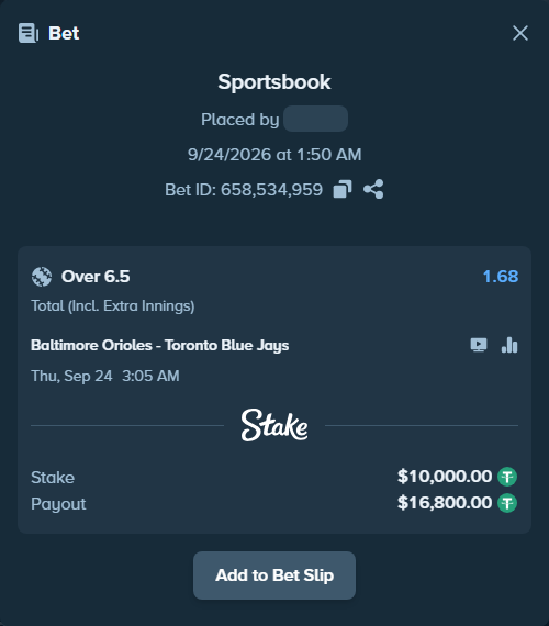Bet slip: Baltimore Orioles - Toronto Blue Jays, $10,000.00 stake at 1.68 odds, placed by nandonzr