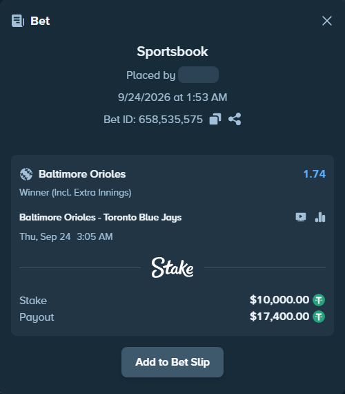 Bet slip: Baltimore Orioles - Toronto Blue Jays, $10,000.00 stake at 1.74 odds, placed by nandonzr